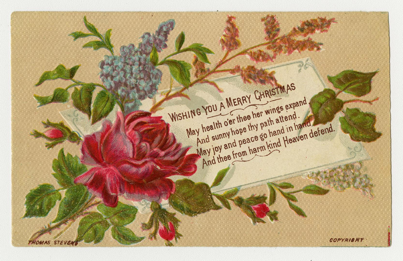 The card pictures flowers and foliage against a beige background. Near the centre of the bouque…