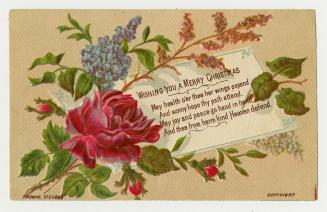 The card pictures flowers and foliage against a beige background. Near the centre of the bouque…