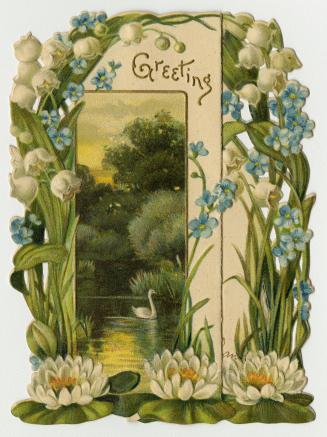 The front of the card pictures a swan on a tranquil pond surrounded by trees, water lilies, and…