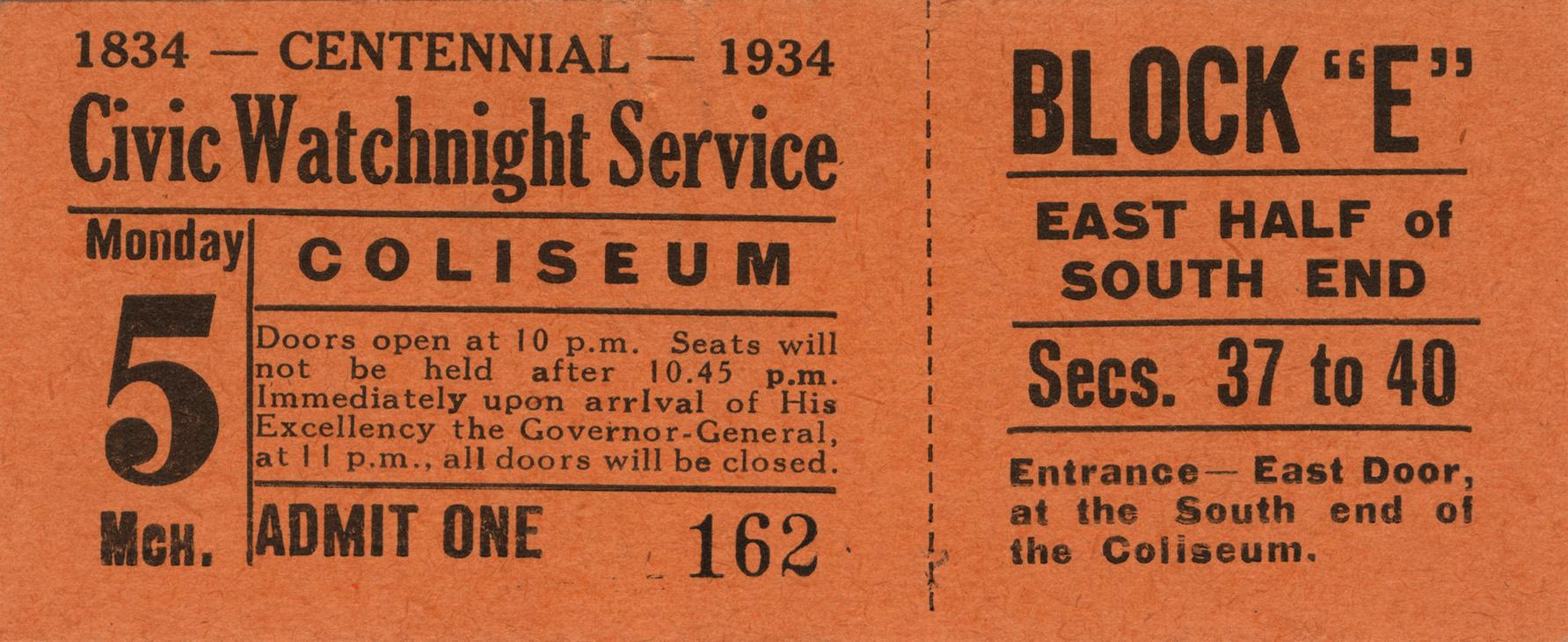 An orange ticket to the "Civic Watchnight Service" at the Coliseum.
