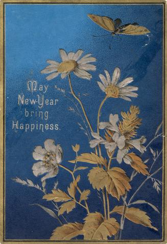 The card pictures daisies, other flowers, golden leaves, and a winged insect against a deep blu…
