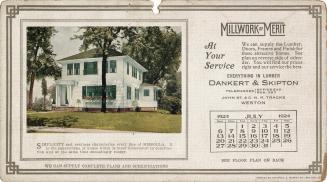 An advertising card depicting a calendar for July of 1924, stating "Millwork of Merit at your s…