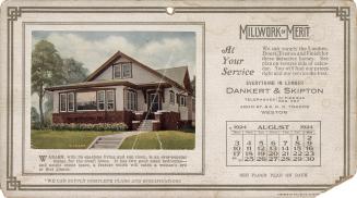 An advertising card depicting a calendar for August of 1924, stating "Millwork of Merit at your…