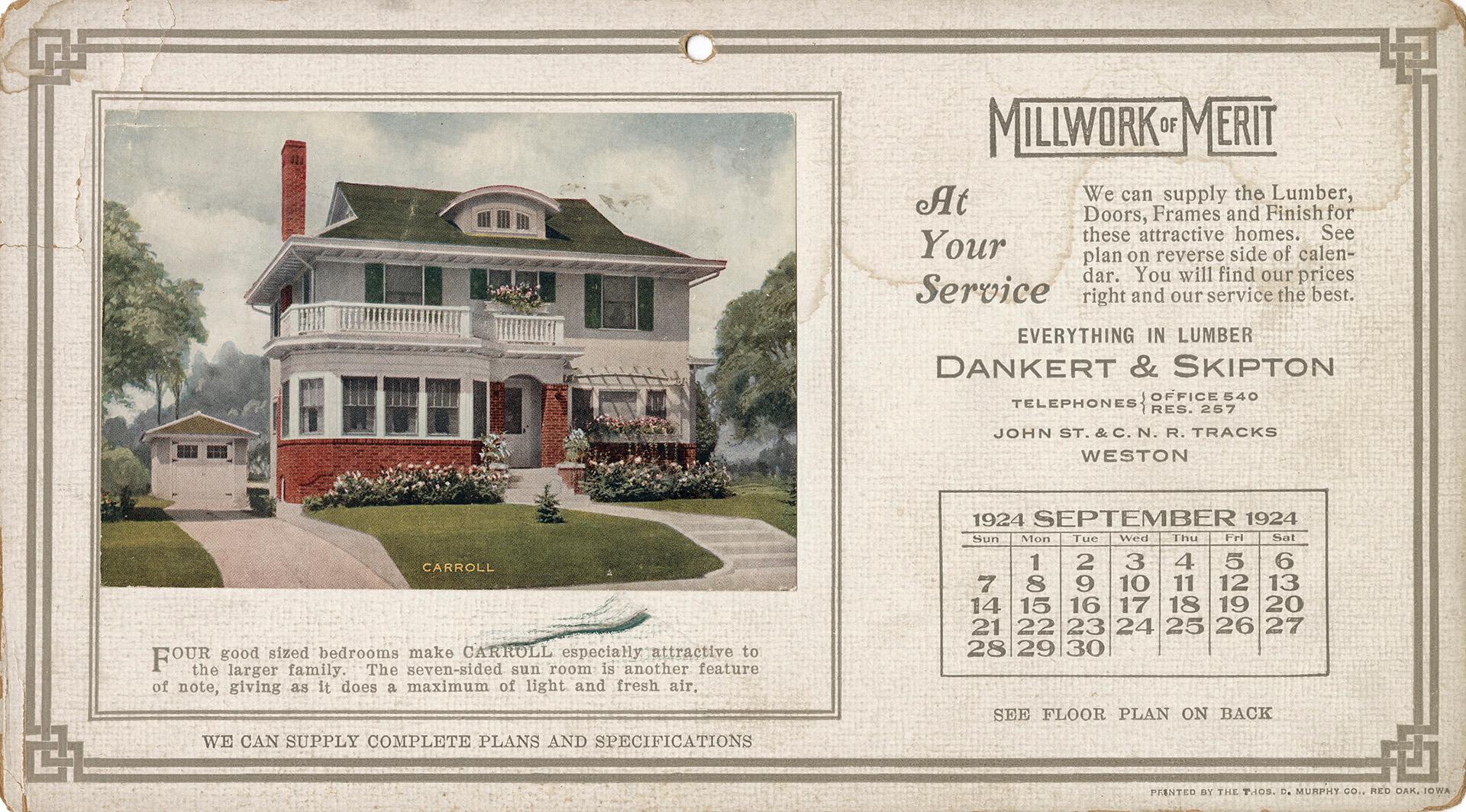 An advertising card depicting a calendar for September of 1924, stating "Millwork of Merit at y…