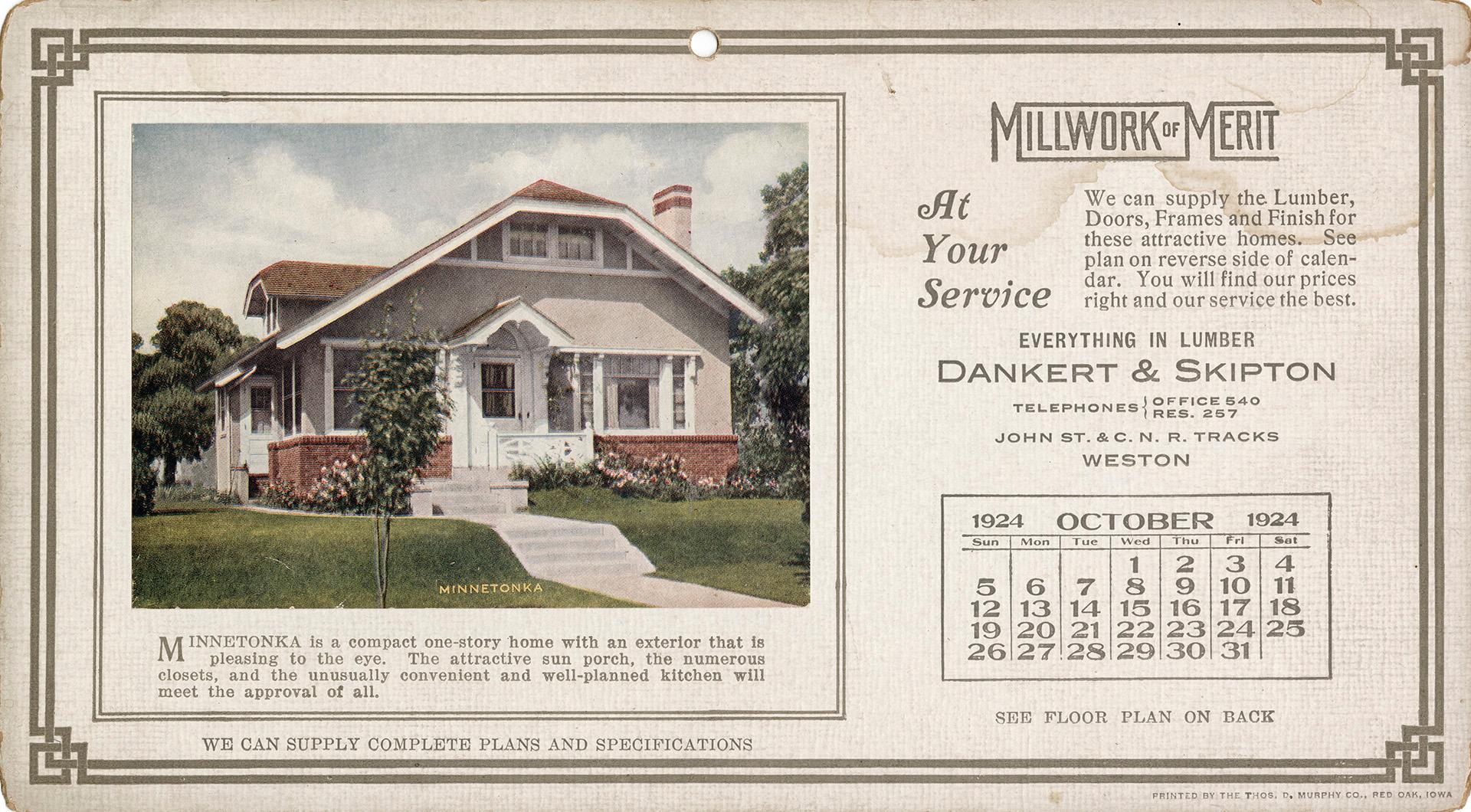 Advertising cards depicting a calendar for the month of October 1924, stating "Millwork of Meri…