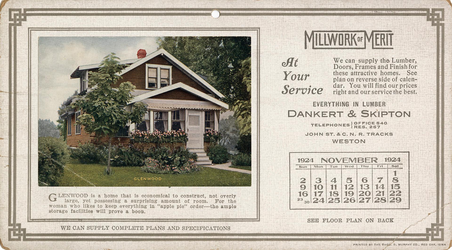 Advertising cards depicting a calendar for the month of November 1924, stating "Millwork of Mer…