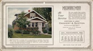 Advertising cards depicting a calendar for the month of November 1924, stating "Millwork of Mer…