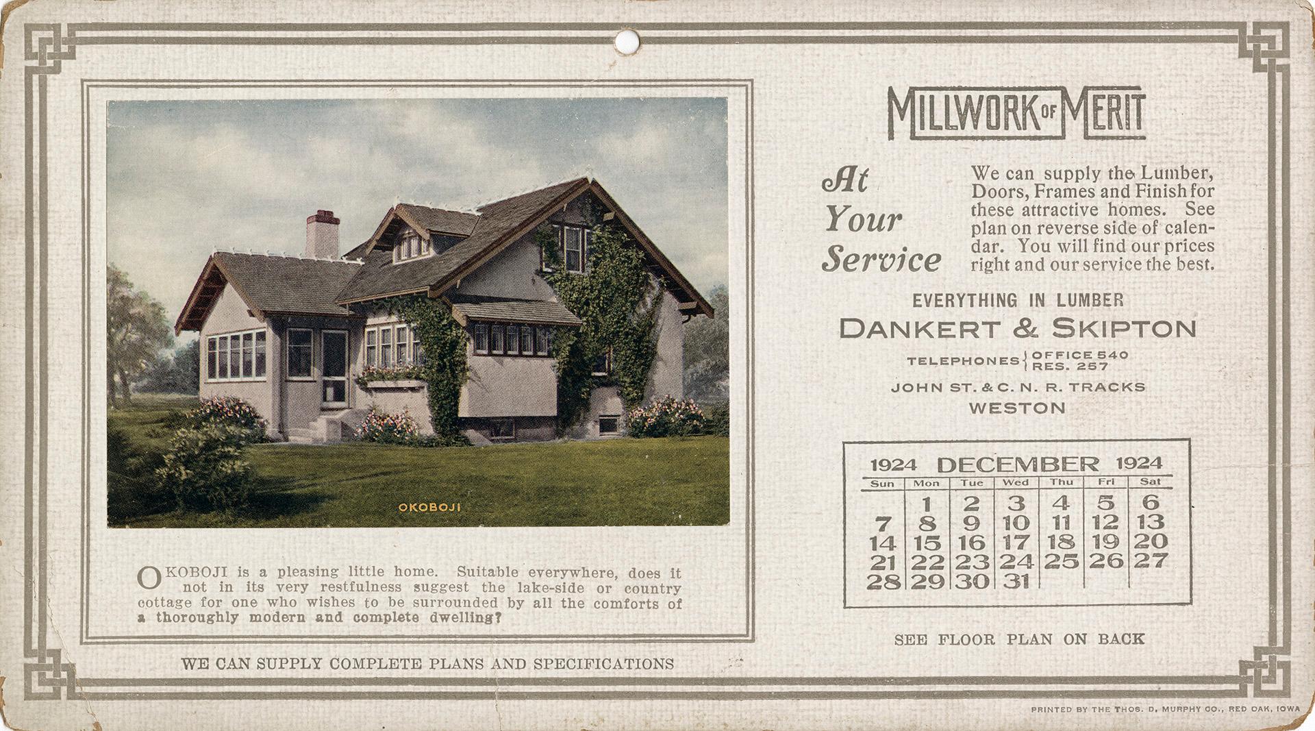 Advertising cards depicting a calendar for the month of December 1924, stating "Millwork of Mer…