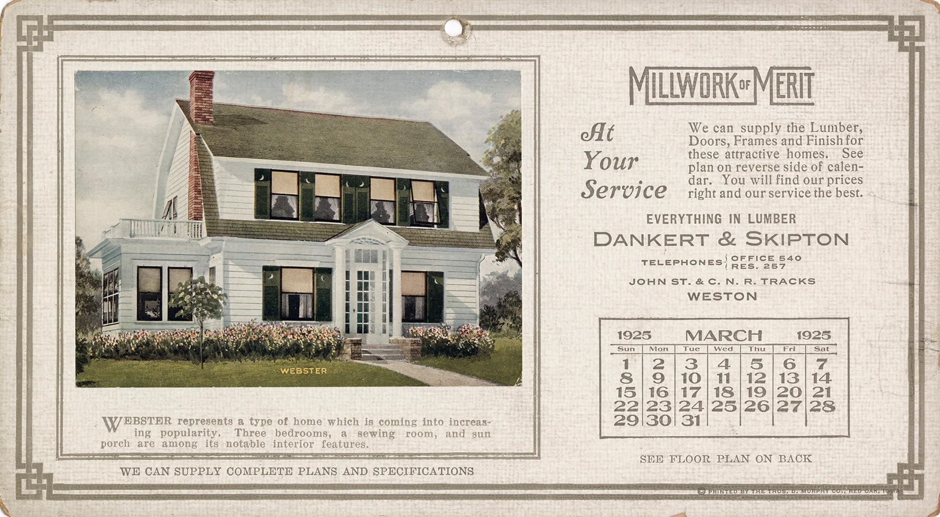 Advertising cards depicting a calendar for March 1925, stating "Millwork of Merit at your servi…