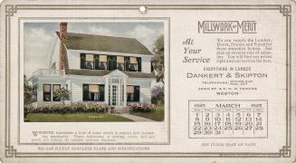 Advertising cards depicting a calendar for March 1925, stating "Millwork of Merit at your servi…