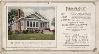 Advertising cards depicting a calendar for June 1925, stating "Millwork of Merit at your servic…