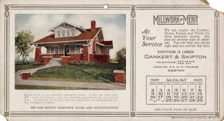 Advertising card depicting a calendar for August 1925, stating "Millwork of Merit at your servi…