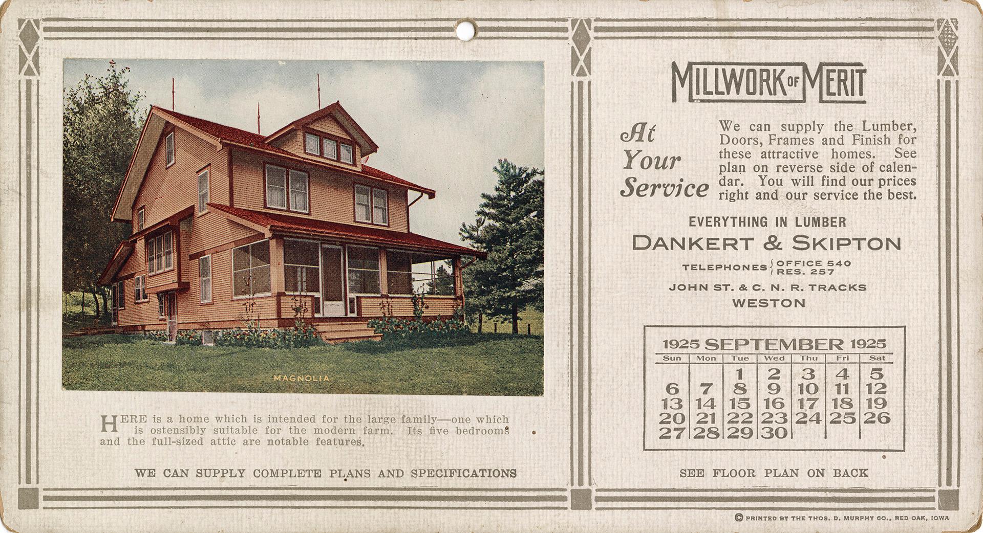 Advertising card depicting a calendar for September 1925, stating "Millwork of Merit at your se…