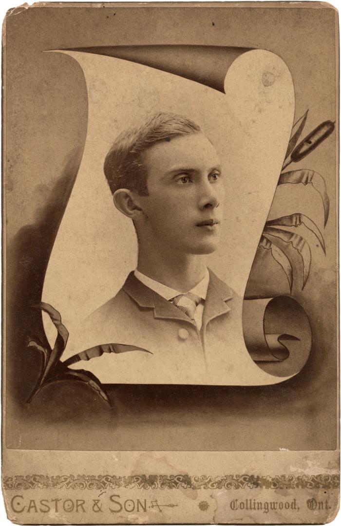 Sepia-toned studio portrait on a cabinet card, showing a young adult in formal dress with a tie…