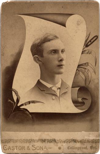Sepia-toned studio portrait on a cabinet card, showing a young adult in formal dress with a tie…