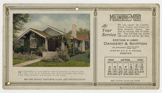 Advertising cards depicting a calendar for April 1926, stating "Millwork of Merit at your servi…