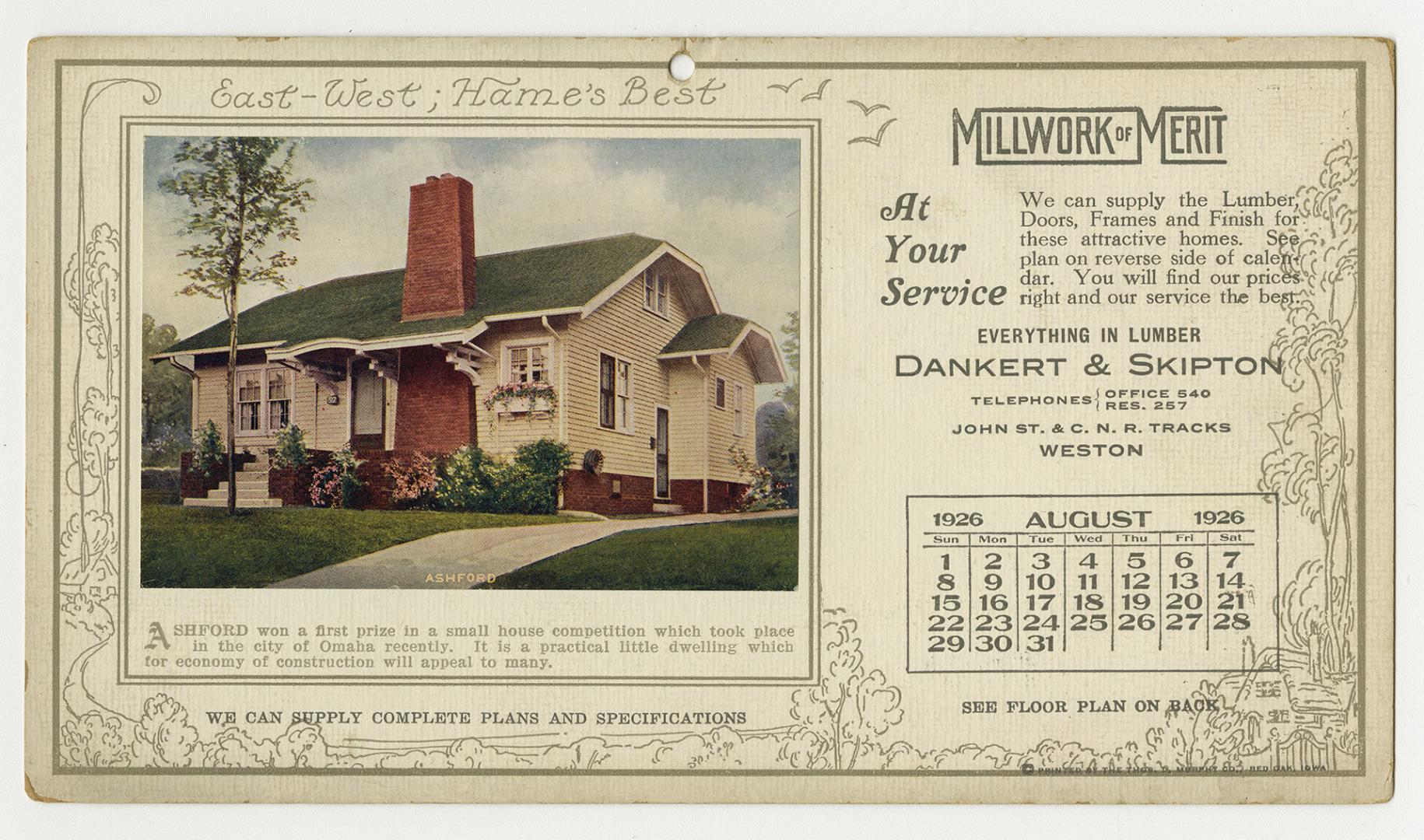 Advertising cards depicting a calendar for August 1926, stating "Millwork of Merit at your serv…