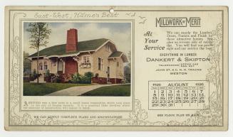 Advertising cards depicting a calendar for August 1926, stating "Millwork of Merit at your serv…