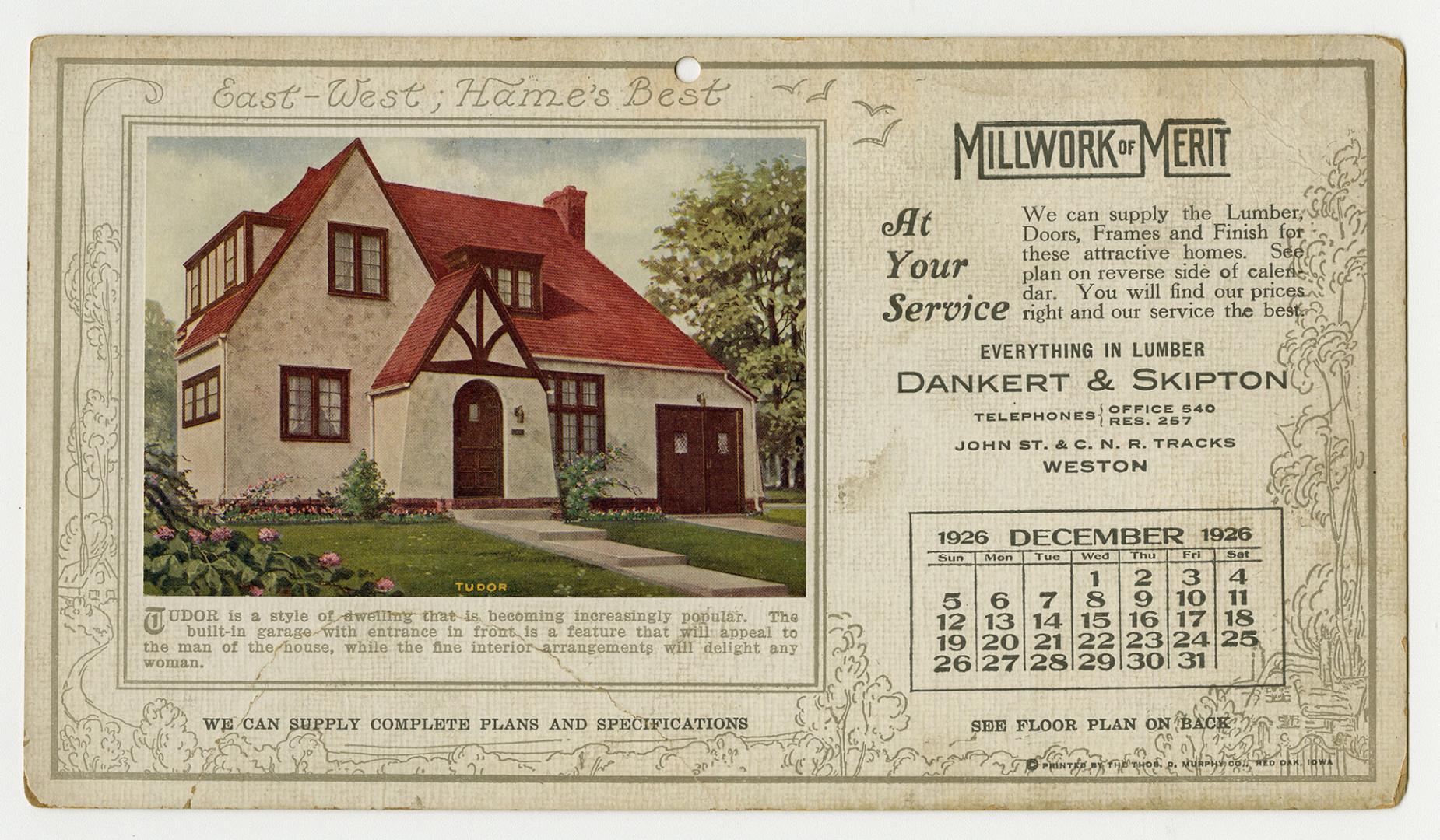 Advertising cards depicting a calendar for December 1926, stating "Millwork of Merit at your se…