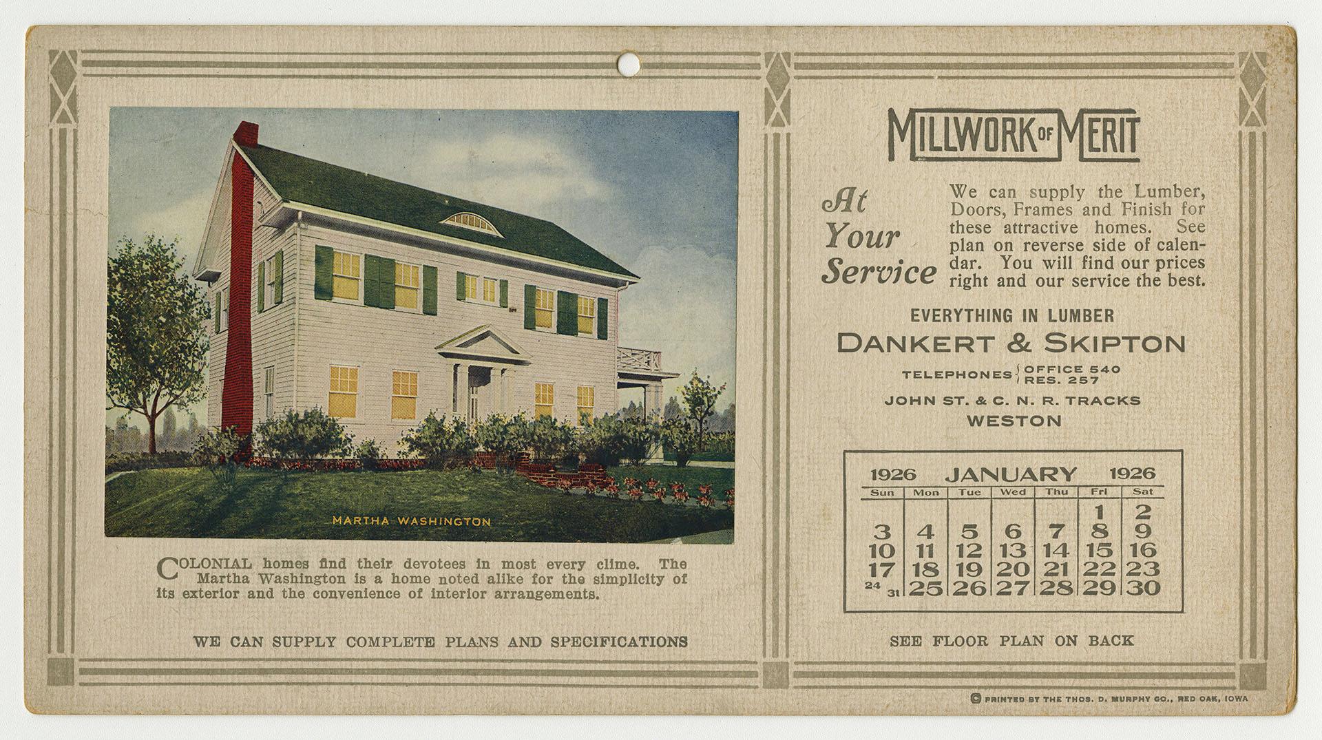 Advertising cards depicting a calendar for each card for January 1926, stating "Millwork of Mer…