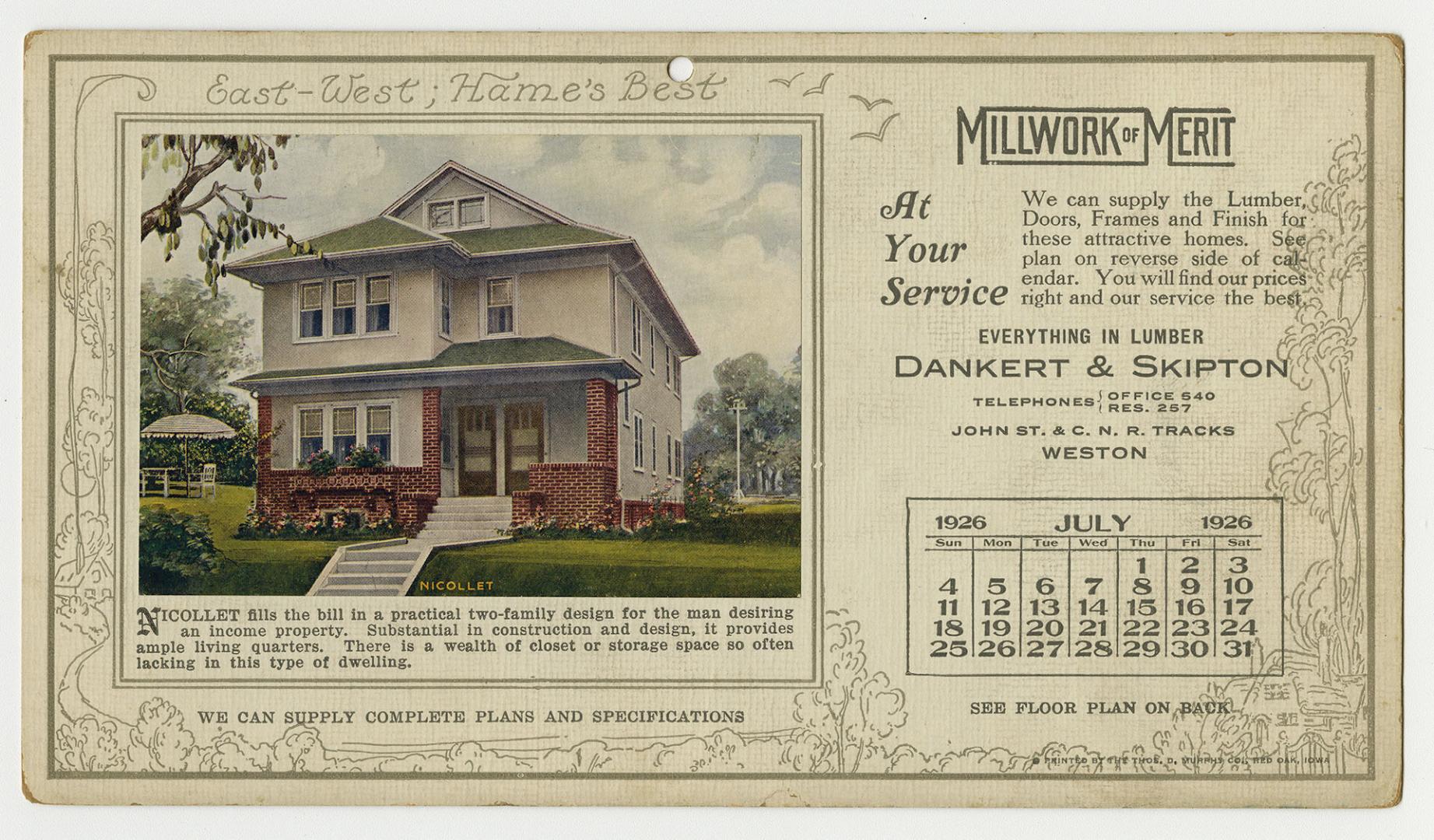 Advertising cards depicting a calendar for each card and month of 1926, stating "Millwork of Me…