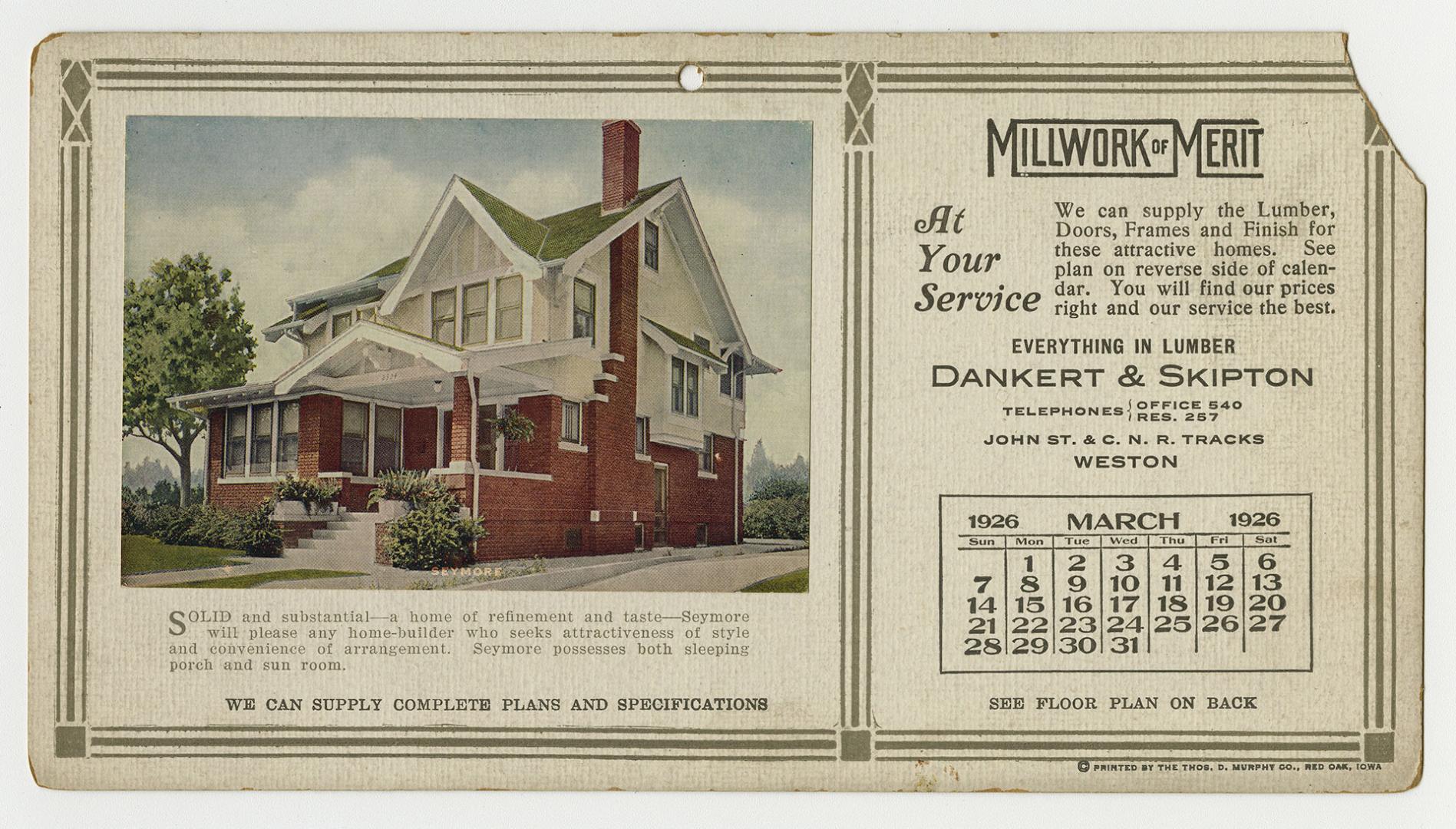Advertising cards depicting a calendar for each card for March 1926, stating "Millwork of Merit…