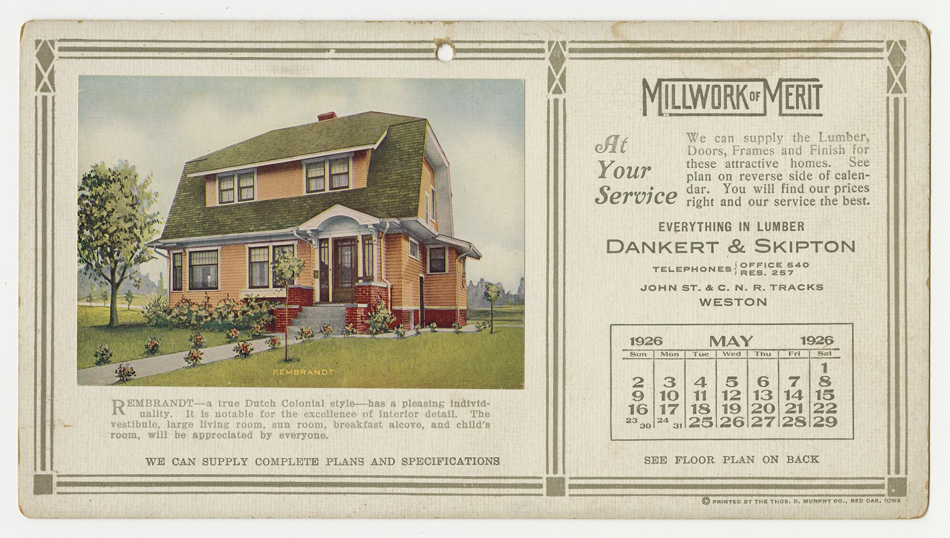 Advertising cards depicting a calendar for each card and month of 1926, stating "Millwork of Me…