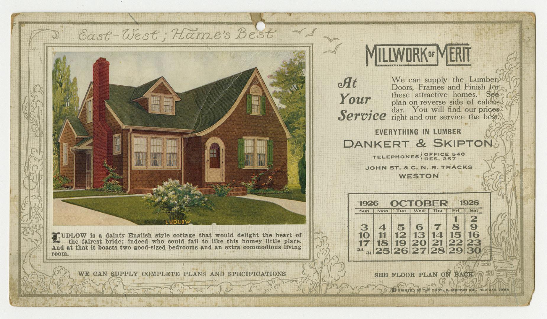 Advertising cards depicting a calendar for October 1926, stating "Millwork of Merit at your ser…