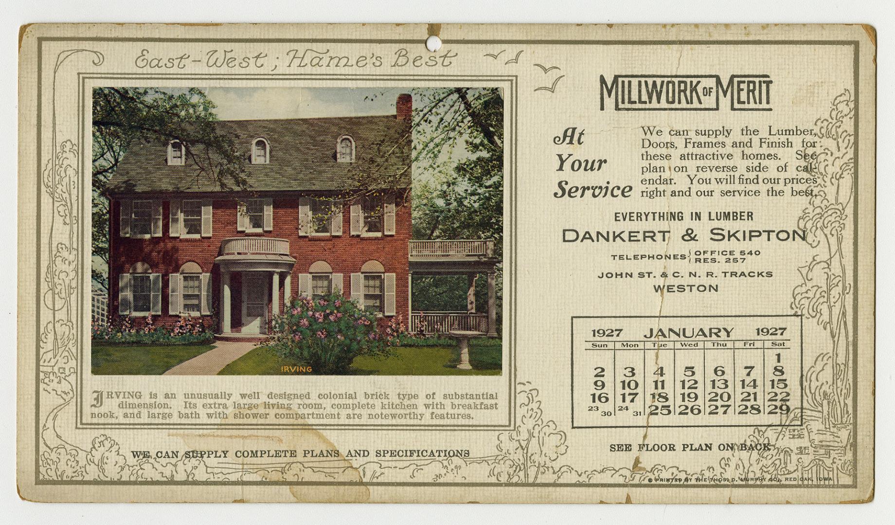 Advertising card depicting a calendar for January 2027, stating "Millwork of Merit at your serv…