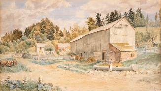 Painting of a rural scene of a large wooden barn with a multi-toned roof. Barn is surrounded by…