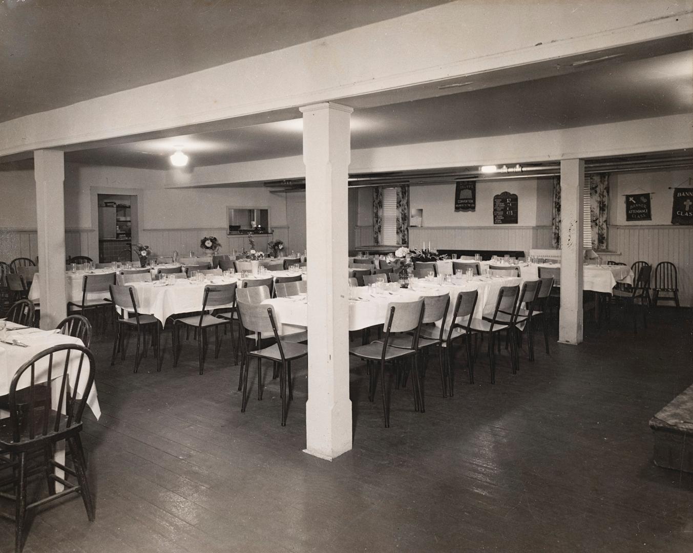 church basement set up with tables and chairs for a banquet