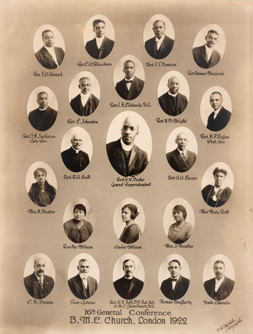 Mounted composite portrait board with oval head-and-shoulders photographs of church delegates a…
