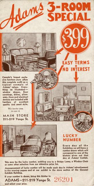 An advertising card with blotter on the back side, titled "Adams 3-Room Special $399" for Adams…