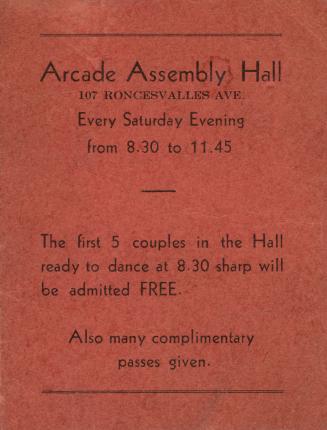 A red advertising card for Arcade Assembly Hall, stating "The first 5 couples in the Hall ready…