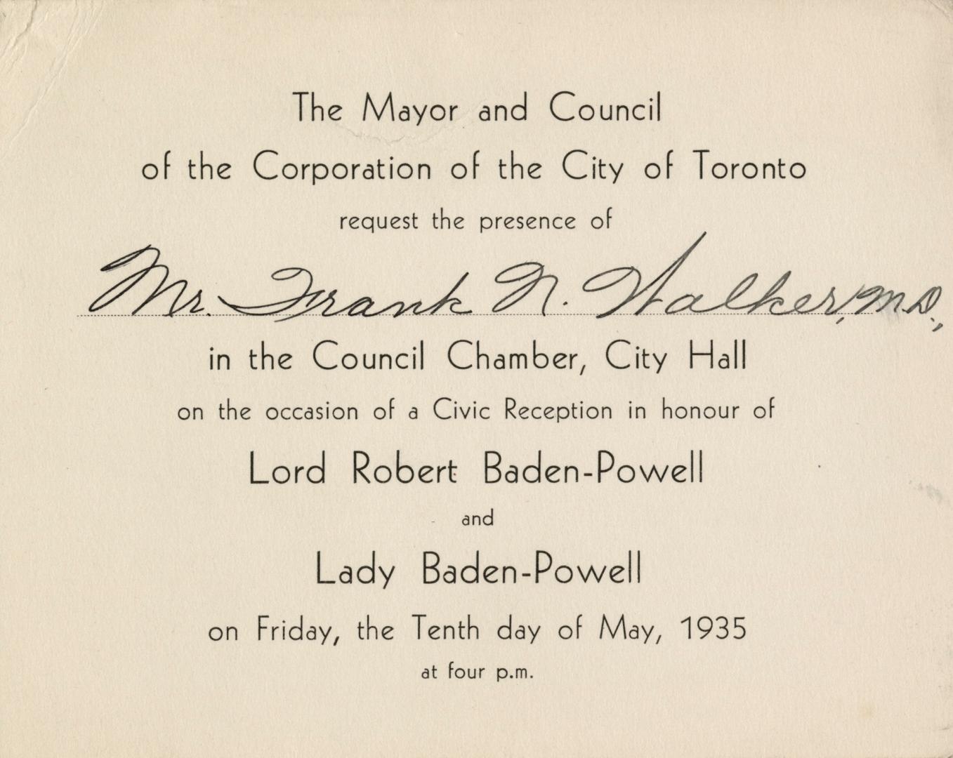 An invitation card stating, "The Mayor and Council of the Corporation of the City of Toronto re…