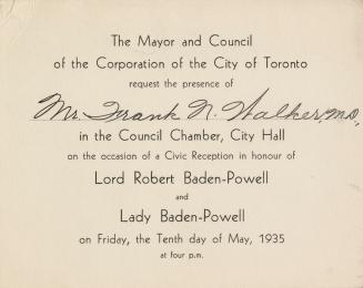 An invitation card stating, "The Mayor and Council of the Corporation of the City of Toronto re…