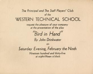 An invitation card stating, "The Principal and The Staff Players' Club of the WESTERN TECHNICAL…