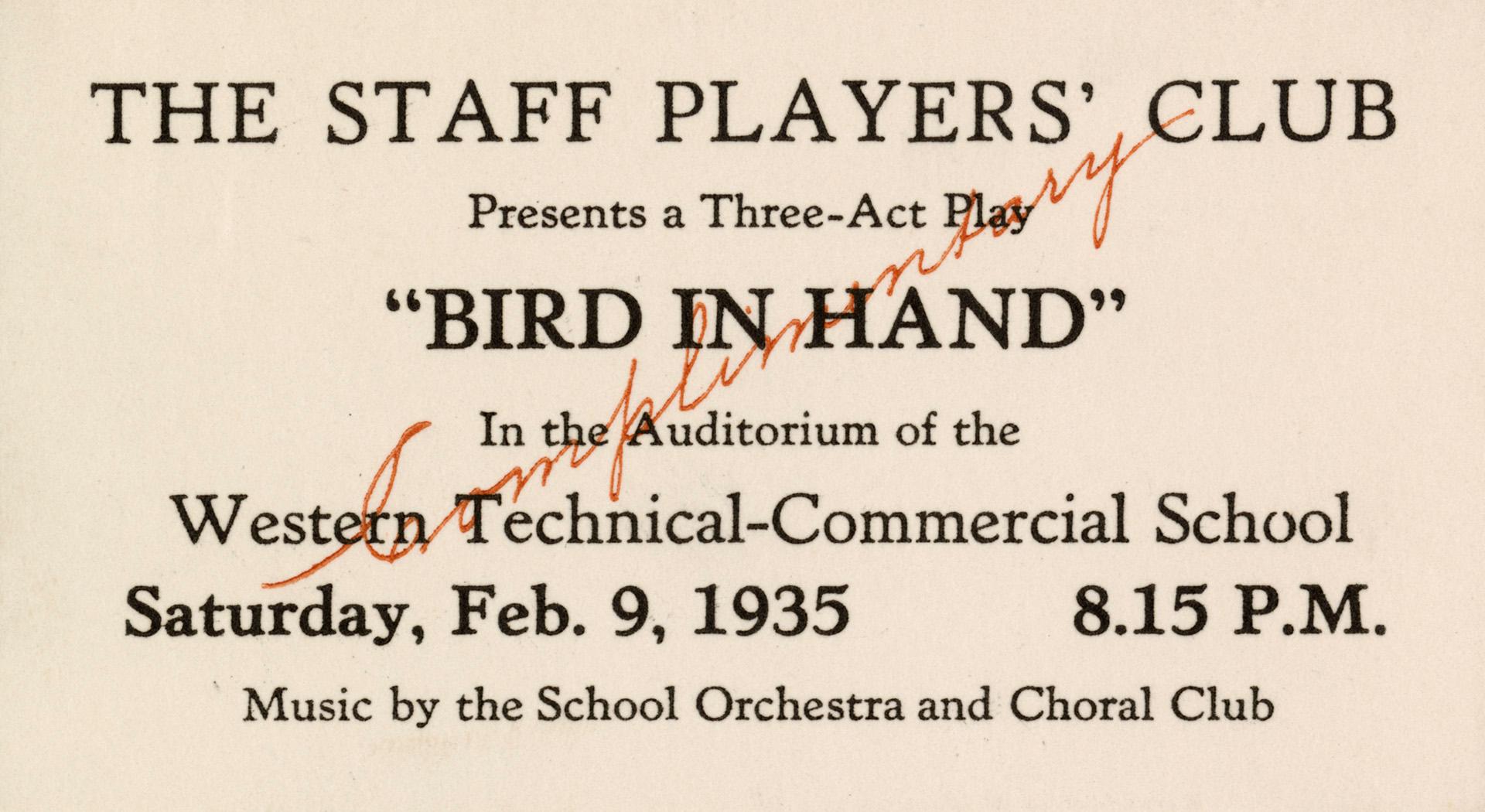 A business card-sized invitation card stating, "The Staff Players' Club Presents a Three-Act Pl…