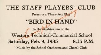A business card-sized invitation card stating, "The Staff Players' Club Presents a Three-Act Pl…