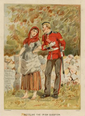 The card pictures a young man in an officer's uniform talking to a young woman. They are in a g…