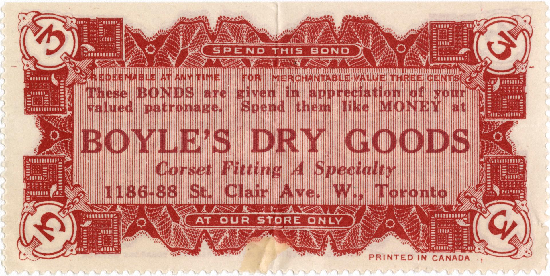A double-sided 3-cent coupon in red ink, for Boyle's Dry Goods stating, "These BONDS are given …