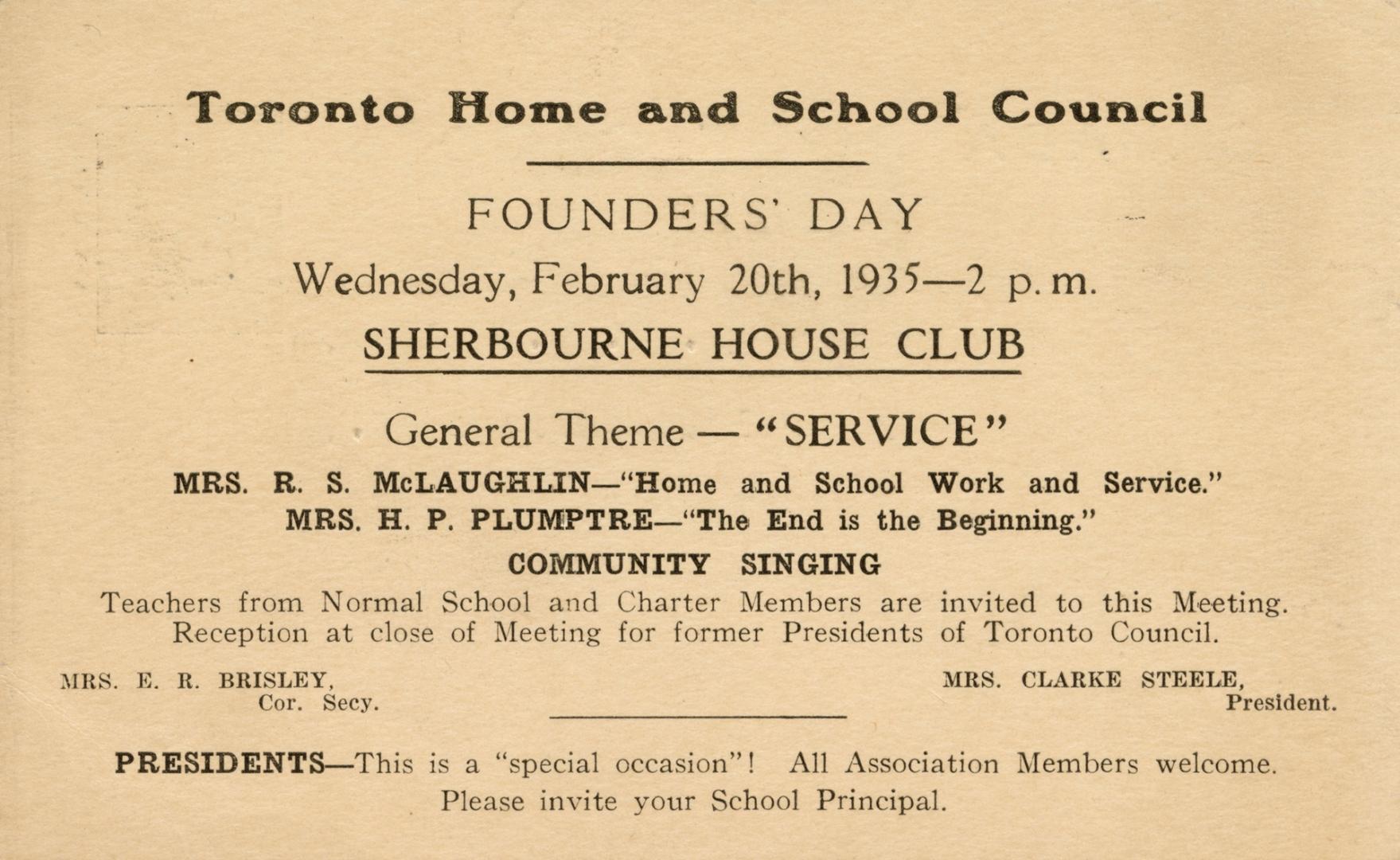 A postcard invitation from the Toronto Home and School Council for a Founders' Day meeting at S…