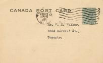 The back of the postcard addressed to a Mr. F.N. Walker, containing a used one-cent stamp that …
