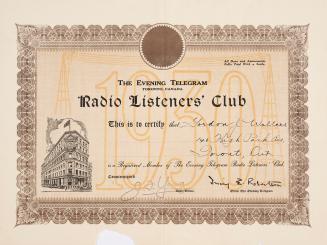 Certificate with illustration of exterior of the Evening (Toronto) Telegram building and decora…