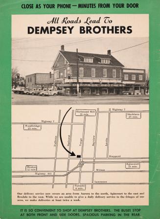 Flyer with green boarder and a black & white photo of the Dempsey Brothers building with delive…