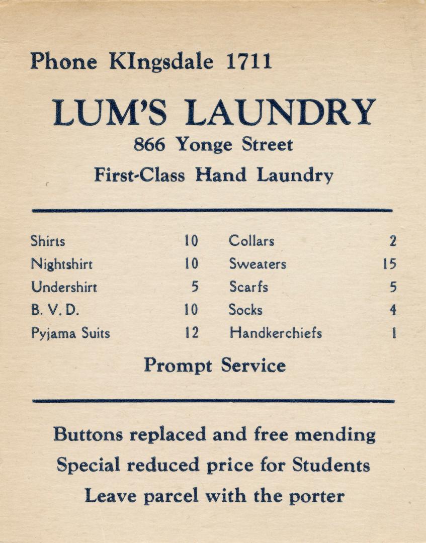 An advertising card for Lum's Laundry, stating "First-Class Hand Laundry" and price list below.