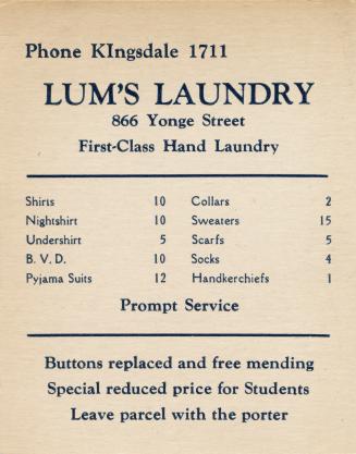 An advertising card for Lum's Laundry, stating "First-Class Hand Laundry" and price list below.