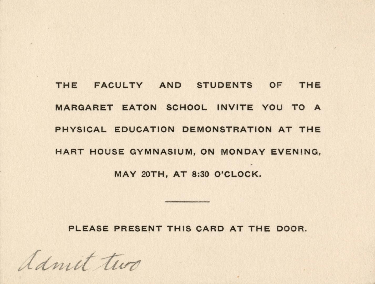 An invitation card stating, "The Faculty and students of the Margaret Eaton School invite you t…
