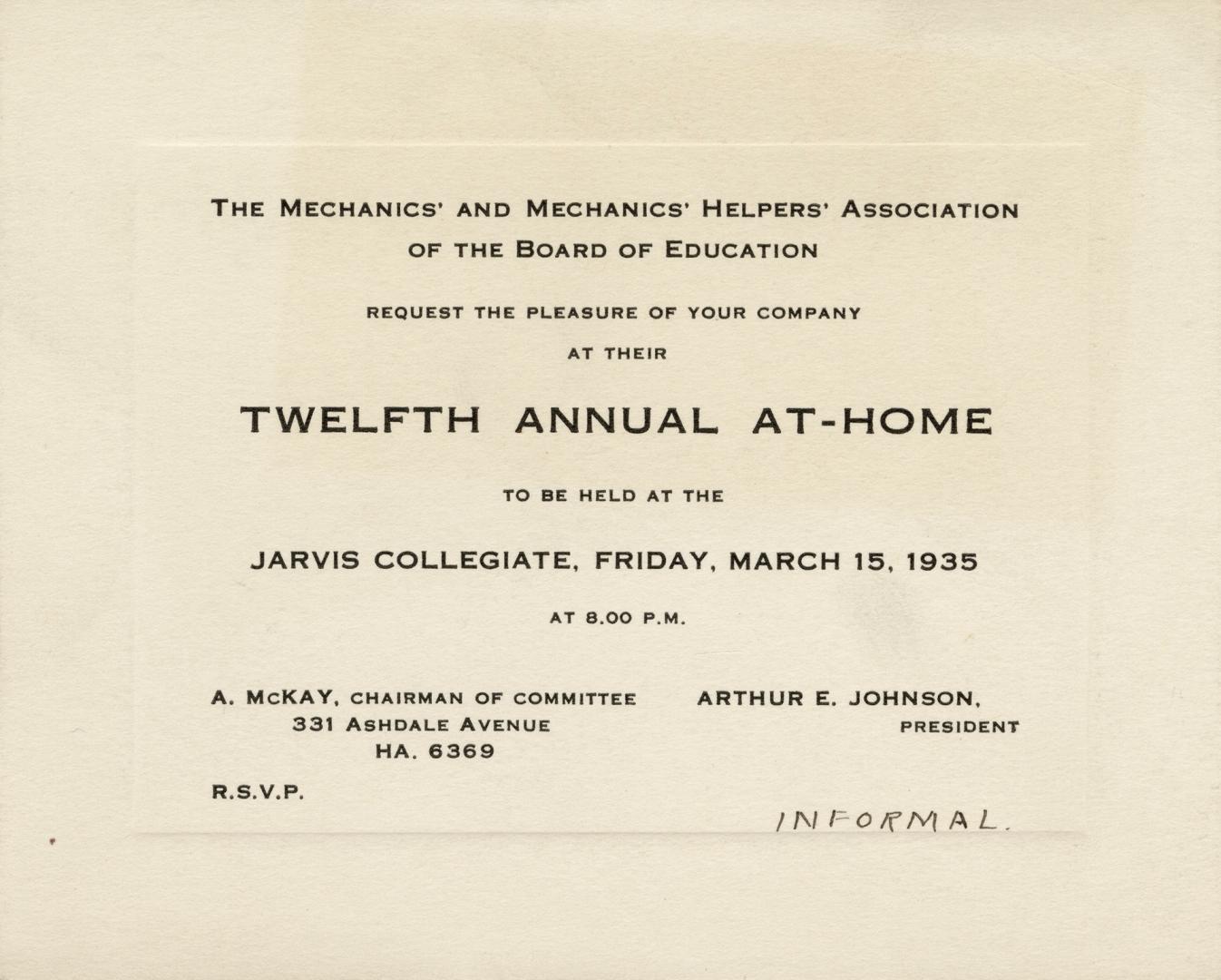 An invitation card stating, "The Mechanics' and Mechanics' Helpers' Association of the Board of…