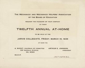An invitation card stating, "The Mechanics' and Mechanics' Helpers' Association of the Board of…